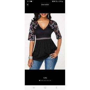 Black V Neck Blouse with Leaves Pattern and Half Sleeve Size Large